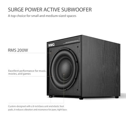 8" Active Home Theater subwoofer, Featuring SUB and RCA Input interfaces, 200W RMS, Medium-Density fiberboard Cabinet with Heat Sink, Adjustable Crossover Frequency Range from 60-180 Hz - size: 8-inch subwoofer