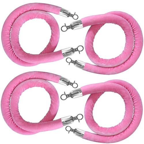 4PCS Pink Velvet Stanchion Rope 5 Ft Crowd Control Ropes Barrier with Silver Hooks for Party - color: Pink&Silver, size: 4PCS