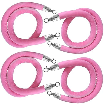 4PCS Pink Velvet Stanchion Rope 5 Ft Crowd Control Ropes Barrier with Silver Hooks for Party - color: Pink&Silver, size: 4PCS