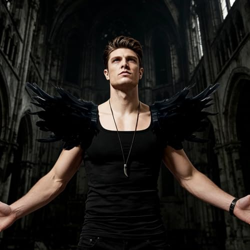 L'VOW Men Gothic Natural Real Feather Epaulet Shrug Shoulder Strap for Halloween Costume - Pack of 2 - color: Goose Black