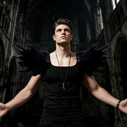 L'VOW Men Gothic Natural Real Feather Epaulet Shrug Shoulder Strap for Halloween Costume - Pack of 2 - color: Goose Black