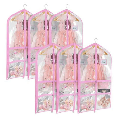 Univivi 40 Inch Dance Costume Garment Bags for Dancers, Clear Pink, 6 Pack | Breathable Fabric, PVC Window, 4 Clear and 1 Back Zip Pocket, Upgraded Version, Foldable Dance Costume Garment Bag - color: 40"Clear Pink, size: 6 Pack