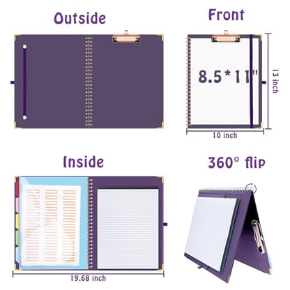 HAUTOCO Clipboard Folio with Refillable Lined Notepad for Letter Size (11" x 8.5"), 5 Dividers with 10 Pockets, Elastic Pen Holder and File Folder Labels, Spiral Nurse Clipboard Artboard(Dark Purple) - color: Dark Purple
