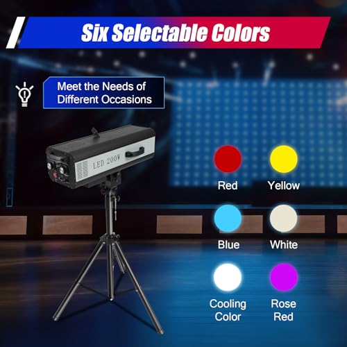 200W LED Follow Spotlight Stage Light, AC 110V Adjustable Aperture LED DJ Performance Lights with Stand, Manual Control Follow Spot Light DJ Wash Light w/Stand