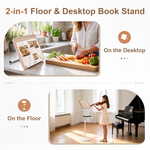 2-in-1 Floor & Desktop Music Book Stand, Adjustable Height 19.7-51.2 in | Dual-use Detachable Reading Stand, Features Storage Tray and Page Clips for Sheet Music, Laptops & Cookbooks - color: White