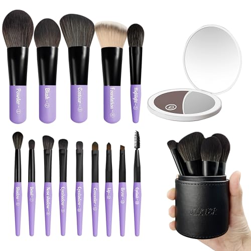 Jilier 14 pcs Mini Makeup Brushes and Pocket Mirror, Travel Makeup Brush Set, LED Compact Mirror with Light, Travel Size with Case, Portable for Handbag, Travel Essentials for Women - color: Purple-Led Mirror