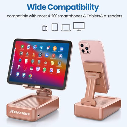 JTEMAN Bluetooth Speaker with Cell Phone Stand,Gifts for Men Tech Gadgets | Big Sound & Clear Bass, Wireless Audio Speaker Stand for iPhone/Android, Foldable Adjustable Phone Holder for Home Office - color: Rose Gold