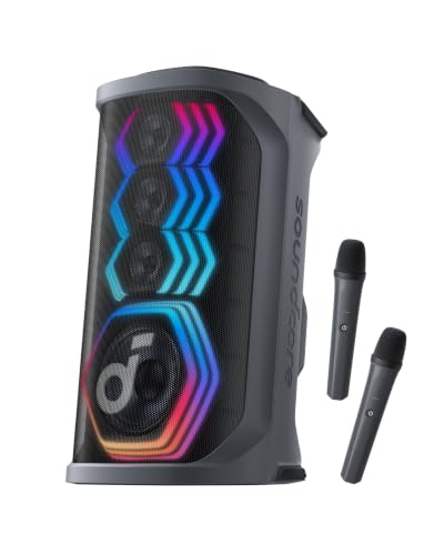 Soundcore Rave 3S AI 파티 스피커, Anker, AI 보컬 제거, 200W 사운드 | 무선 마이크 2개 포함, 리버브, 라이트 쇼, 12시간 재생, 가정, 파티 또는 뒷마당용 휴대용 블루투스 PA 시스템