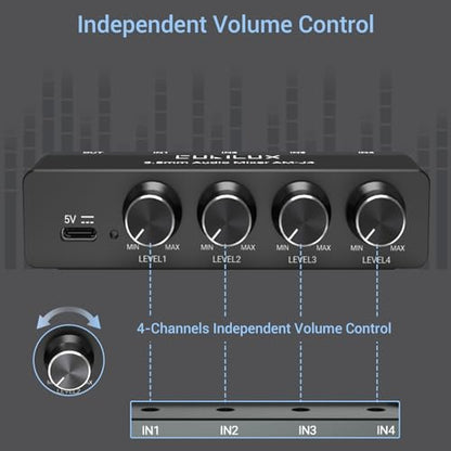 Cubilux 4-Channel 3.5mm Audio Mixer, Ultra-Low-Noise Mini Audio Mixer for Sub-Mixing, 1/8 TS/TRS Input, Stereo Switcher Suitable for Guitars, Bass, Keyboards