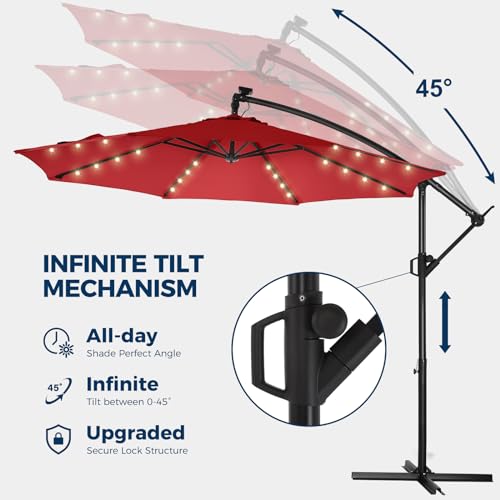 10FT Solar LED Cantilever Patio Umbrella with Base Included, Red | Premium 220GSM Solution-Dyed Fabric, 5-Year Fade-Resistant, 30 MPH Windproof, 45° Infinite Tilt and Crank for Outdoor Pool - color: Red