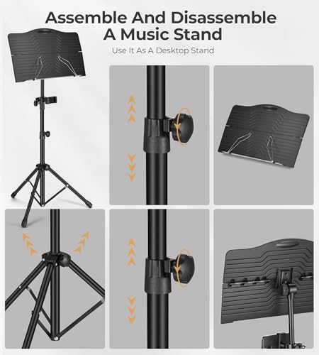 Music Stand, Vangoa Folding Sheet Music Stand with Detachable Microphone Stand & Phone Holder, Portable Lightweight with Music Sheet Clip Holder & Carrying Bag for Instrumental Performance - size: Music Stand + Microphone Stand