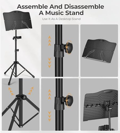 Music Stand, Vangoa Folding Sheet Music Stand with Detachable Microphone Stand & Phone Holder, Portable Lightweight with Music Sheet Clip Holder & Carrying Bag for Instrumental Performance - size: Music Stand + Microphone Stand