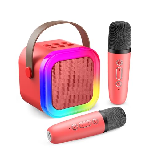 Karaoke Machine for Kids Adults, Mini Karaoke Machine with 2 Wireless Microphones, Portable Bluetooth Speaker with Voice Changing Effects & LED Lights, Best Gifts Toys for Girls and Boys - color: Red