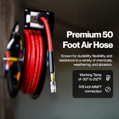ReelWorks Air Hose Reel 3/8" Inch x 50' Foot SBR Rubber Hose Max 300PSI Commercial Steel Construction | Corrosion Resistant Powder Coating, Commercial Frame Supports Garage Air Service