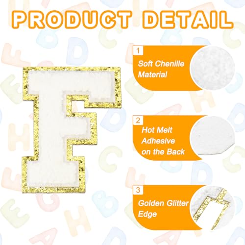 MECCANIXITY Chenille Letter Patches 3.1" Alphabet F Iron on Embroidered Patch Sew on Letter Stickers Applique for Repairing Clothing Jeans Shoes Hats DIY(White, Pack of 4) - style: Letter-F