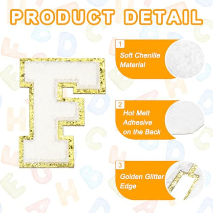MECCANIXITY Chenille Letter Patches 3.1" Alphabet F Iron on Embroidered Patch Sew on Letter Stickers Applique for Repairing Clothing Jeans Shoes Hats DIY(White, Pack of 4) - style: Letter-F