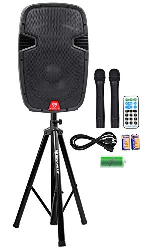 Rockville RAM12BT 12" Rechargeable DJ PA Speaker Bundle with RVES05 Stand | 8-Hour Rechargeable Battery, TWS, XLR/1/4" Inputs, USB/SD, 600W Peak/150W RMS, 5 Band EQ, FM Radio, 2 VHF Mics, 2-Items