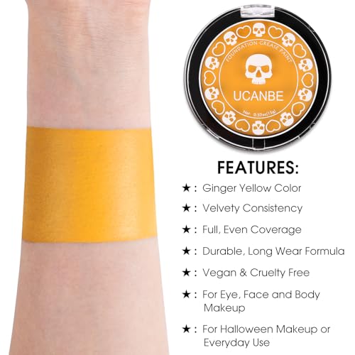 UCANBE Yellow Face Body Paint Makeup Foundation, Professional Cream Greasepaint for Kids & Adults, Non-Toxic SFX Makeup Facepaint Kit for Halloween Parties, Minions Emoji Lion Tiger Costume & Cosplay - color: Yellow