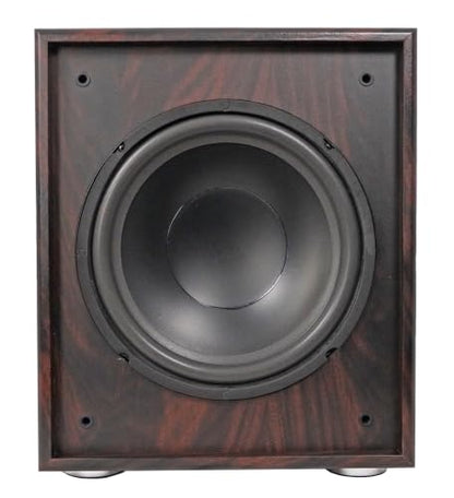 Rockville Rock Shaker 10" Dark Wood Powered Subwoofer Home Theater | 600W Peak, 300W RMS, RCA In/Out, High-Level In/Out, 20Hz-200Hz Response, MDF Enclosure, Class D Amplifier - color: Dark Wood