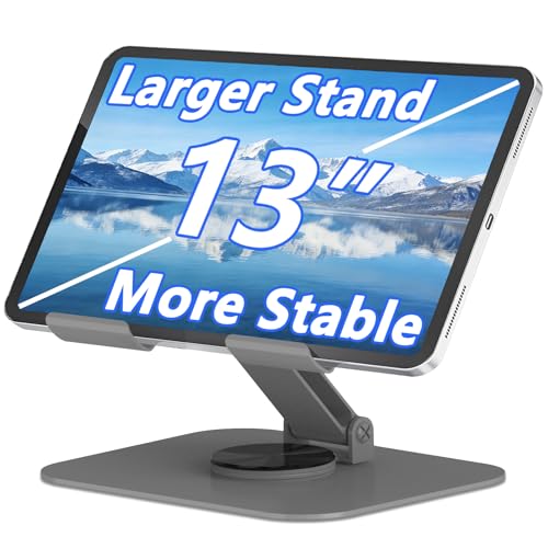 Metal Tablet Stand Holder Adjustable for iPad Kindle Tab, Grey | 360° Rotation, Stability Base, Fully-Fold, Compatible with 4-13" Tablet, iPad Pro/Air 11” 13”, Kindle 11, Galaxy Tab S11 A11 - color: Grey