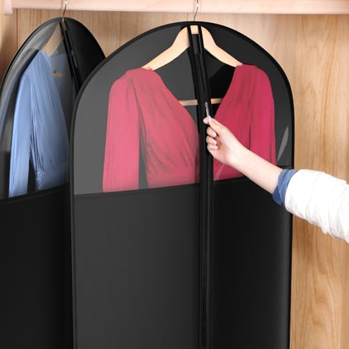 Univivi Garment Bag Suit Bag for Storage and Travel, 54 Inch, Set of 6 | Dress Bags for Gowns Long with Zipper and Clear Window, Oxford Fabrics, Foldable Suit Cover for Long Suits, Coats, Dresses - size: 24"X54"-6pcs - Black