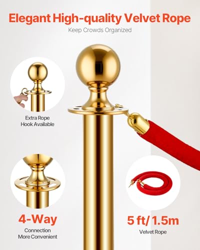 VEVOR Stanchions and Velvet Ropes 8Pcs, Hollow Base with Stainless Steel Post, 6 Red Velvet Ropes and Posts, Crowd Control Barriers Gold Stanchions, Red Carpet Runner Poles for Party Supplies - color: Gold