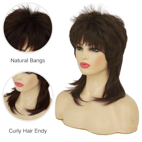 Brown Mullet Wig for Women Short Shaggy Layered 70s 80s Rocker Curly Hair Wig for Cosplay Halloween Party Daily Use - color: Brown