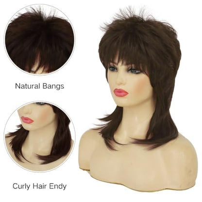 Brown Mullet Wig for Women Short Shaggy Layered 70s 80s Rocker Curly Hair Wig for Cosplay Halloween Party Daily Use - color: Brown