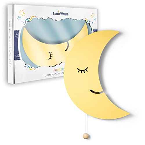 LumiDreams Moon Wall Night Light, Crescent Nursery Lamp for Kids Room | 17.7" x 11.5" | Hand-Painted Wooded Moon Light | Battery Operated | Pull Cord Switch | Wall Mounted Nursery decor