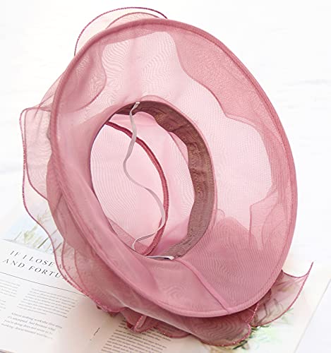 Women Derby Fascinator Hat Organza Church Wedding Hats Wide Brim Cocktail Tea Party Hat - color: 07 Pink