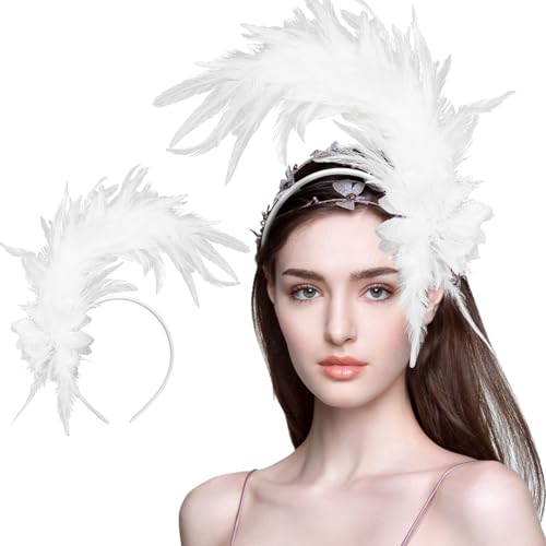 Loieryk Feathers Fascinator Headband 1920s Queen Headpiece Fascinators Hats for Women Tea Party Flower Headpiece - color: White