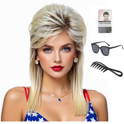 Mullet Wigs for Women Curly Shoulder Length Fluffy Hair 70s 80s Rocker Party Cosplay Synthetic Wigs (Blonde Mix Black) - color: w58-Blonde Mix Black