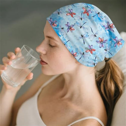 Art Owl Women's Slouchy Beanie Hat Cute Turban Hats Cancer Headwear Caps Baggy Skull Sleep Scarf - color: Blue Watercolor Dragonfly