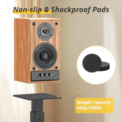 Adjustable Bookshelf Speaker Stands Pair, 20-27.5 Inch All-Metal Heavy Duty Holds 100lbs Universal for Surround Sound with Cable Management