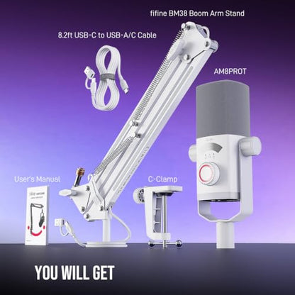 FIFINE AM8PROTW Streaming Microphone Kit for Gaming, XLR/USB Dynamic Mic | PC Microphone with RGB Boom Arm Stand, Mute Tap, 3-in-1 Volume Knob, Audio Balance, for Podcast Vocal, White - color: White