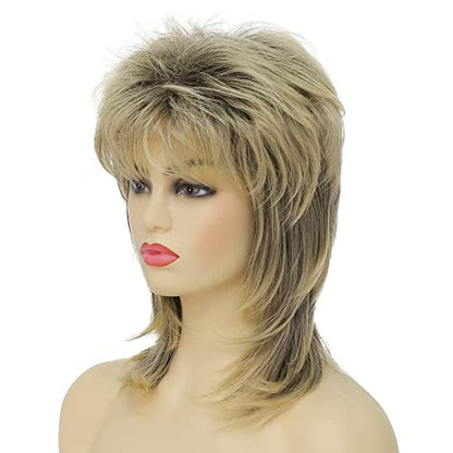 Blonde Mullet Wig for Women Short Shaggy Layered Hair Dark Roots Cosplay Rocker 70s 80s Costume Wigs - color: Blonde