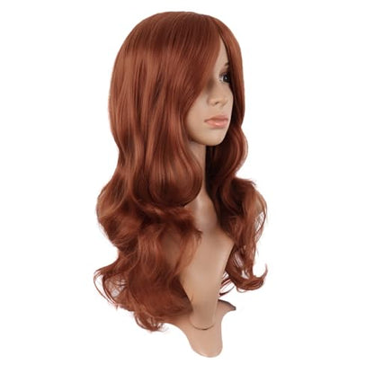 MapofBeauty 24 Inch Long Wavy Side Bangs Anime Cosplay Wig, Ginger Orange | 60 cm Synthetic Fiber Wig, Women, Charming, Party - color: Ginger Orange