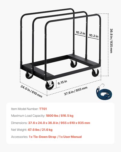 VEVOR Folding Table Cart, Heavy Duty Table Dolly 1800 lbs, Steel Panel Truck Cart with 5 inch Swivel Casters, Lumber Drywall Dolly with Straps for Party Events, Hotel, Factory, Warehouse - style: 1800 LBS