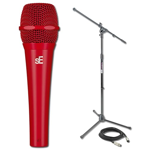 sE Electronics V7 Red Supercardioid Dynamic Vocal Microphone Bundle with On-Stage MS7701B Euro Boom Stand and 20-Foot XLR Cable — Color-Coded Stage Mic for Lead Vocals, Worship, Live Performance