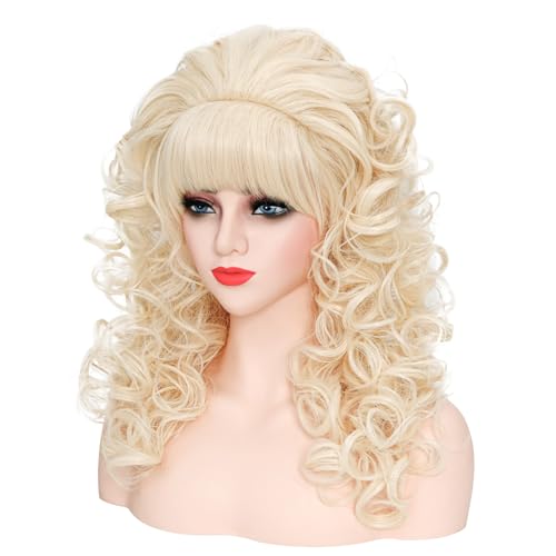 80s Long Curly Vintage Cosplay Wig with Bang Perfect for Women 60s 70s Disco Party or Queens Cosplay Halloween costume Party (Blonde)