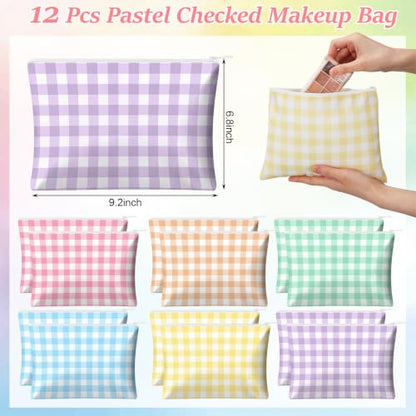 Reginary 12 Pcs Pastel Checkered Makeup Bags Bulk Gingham Cosmetic Bags | Gingham Pouches, Pastel Party Favors, Canvas Zipper Travel Bags, Women Girl Trip Weekend Vacation Bachelorette Party Gifts - style: Pastel Plaid