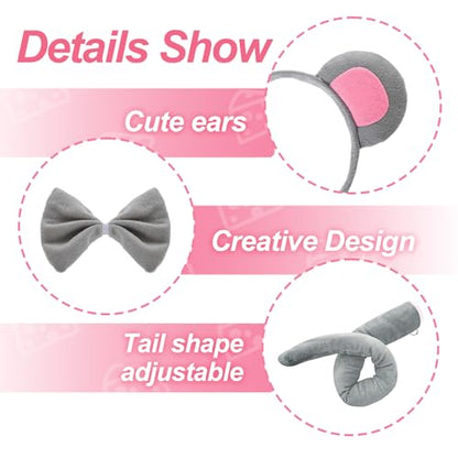 3Pcs Mouse Ears Headband Costume Accessories Set, Grey Rat Ears Headband, Bow Tie and Rat Tail Animal Fancy Dress for Women Men Halloween Christmas Cosplay Party Supplies