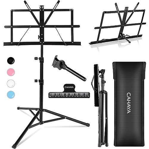 CAHAYA Sheet Music Stand Portable Folding Dual Use Desktop Book Holder | Lightweight Stable Reinforced with Carrying Bag Clip for Student Musicians Travel Practice Height Adjust up to 54.3" Black - color: Black, style: Standard Version