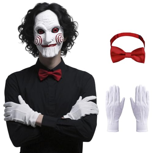 Billy Costume Mask for Men Adult Scary Halloween Costumes Horror Movie Killer Cosplay Full Head Latex Mask with Red Bow Tie and White Gloves KF021