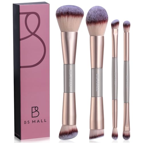 BS-MALL Double-ended Makeup Brush Set 4 Pcs Portable - Professional Luxury Eyeshadow Brush, Concealer Brush, Blush brush & Foundation brush for Multi-purpose Daily Use (Champagne Gold) - color: Champagne Gold