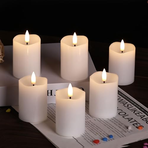 White Flameless Votive Candles with Remote Batteries Set of 6 | 2x3 inch Small Flickering LED Pillar Candles, Battery Powered, Real Wax Coating, Home Table Shelf Decor - color: White
