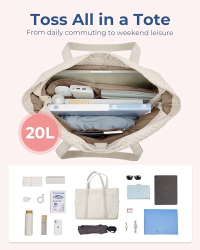 BAGSMART Crush Tote Bag for Women, 20L Puffer Work Tote with Zipper, Travel Essentials Quilted Nurse Hospital Bag - color: Beige