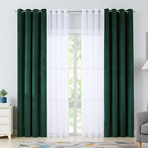 Enactex 4 Pieces Mix and Match Green Curtains Set 63 Inch for Living Room, Moroccan Silver Printed White Voile Sheer & Solid Velvet Room Darkening Blackout Drapes for Bedroom, Grommet Top - color: Dark Green, size: 52"W x 63"L (Pack of 4)