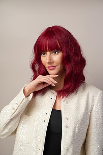 Wine Red Wig with Bangs Short Curly Wavy Bob Wig for Women Heat Resistant Fiber Synthetic Wig Natural Looking Daily Cosplay Party 16 Inches - color: Red