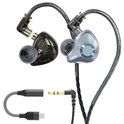 in Ear Monitor Headphones, HiFi IEM Wired Earbuds, Deep Bass Sound Isolating Earphones with USB C to 3.5mm Adapter and Detachable 2 Pin Cable for Singer/ Musicians/ Drummers